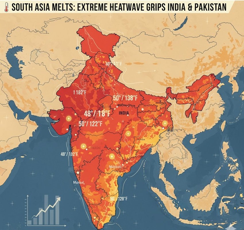 India-Pakistan Heat Wave 2025 Brings Severe Climate Concerns India Pakistan Heat Wave 2025 – Regional Temperature Map