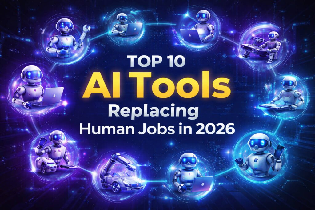 Top 10 AI Tools Replacing Human Jobs in 2026 Top 10 AI tools replacing human jobs in 2026 showing automation, robotics, and artificial intelligence transforming the future of work.