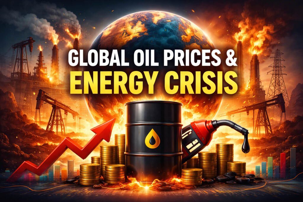 Global Oil Prices & Energy Crisis: Causes, Impact, and Future Outlook Illustration showing rising global oil prices with an oil barrel, fuel pump, world globe, and financial growth chart representing the global energy crisis