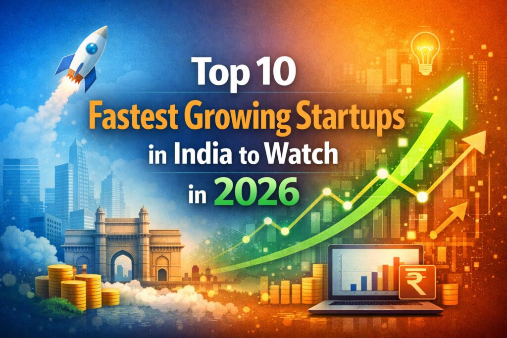 Top 10 Fastest Growing Startups in India to Watch in 2026” with startup growth chart, rocket launch, Indian city skyline, and business growth icons