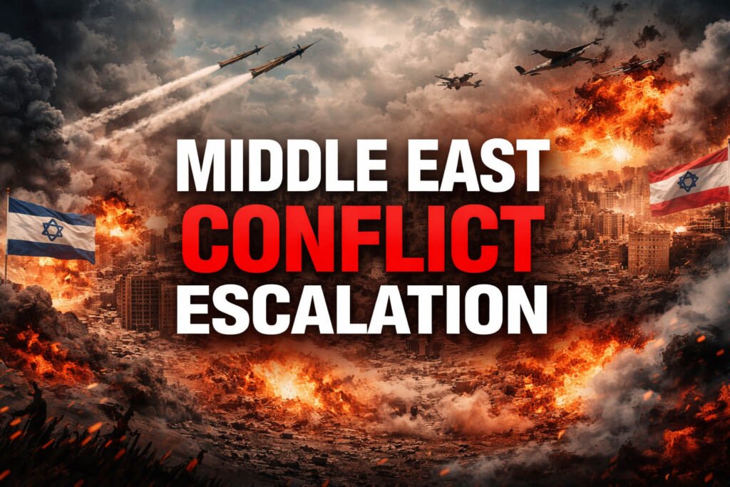 Middle East conflict escalation showing war-torn city, explosions, fighter jets, and missiles with the text “Middle East Conflict Escalation” in the center.