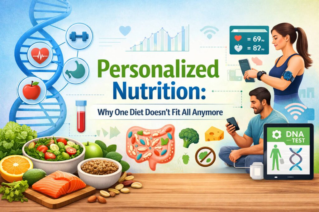 Personalized nutrition concept showing DNA, healthy food, fitness tracking, and digital health monitoring illustrating customized diet plans