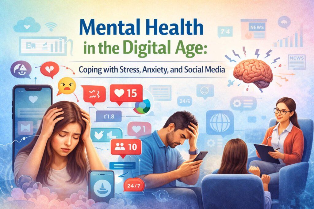 Illustration of mental health in the digital age showing stress, anxiety, social media pressure, and online therapy support