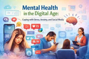 Illustration of mental health in the digital age showing stress, anxiety, social media pressure, and online therapy support