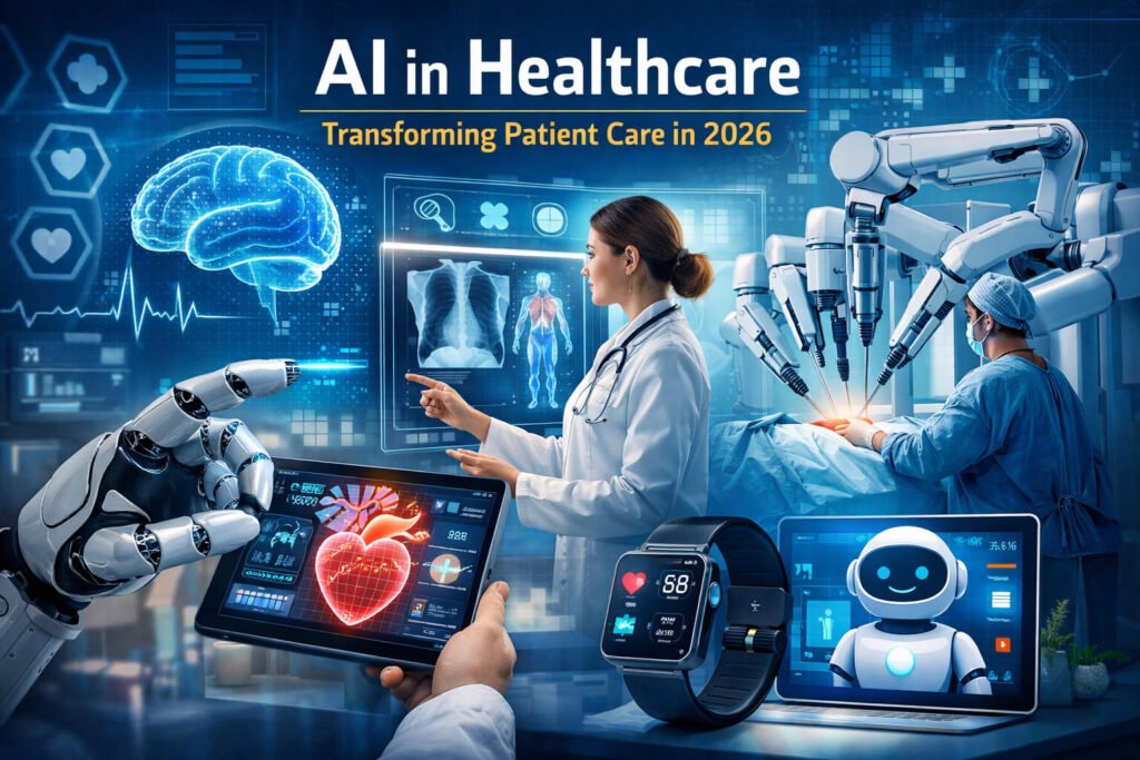 Futuristic healthcare scene showing AI technology, robotic surgery, digital brain interface, doctor analyzing medical data, and wearable health devices