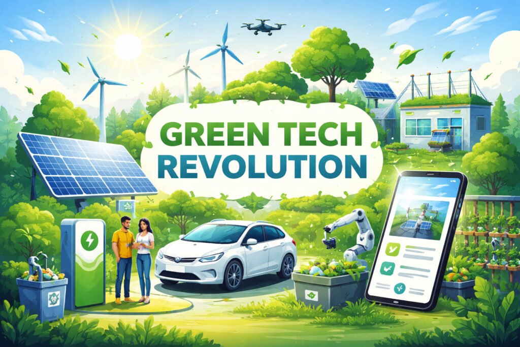 Green Tech Revolution: How Sustainable Technology Is Shaping the Future Illustration of green technology including solar panels, wind turbines, electric vehicle charging, and smart farming in a sustainable eco-friendly environment