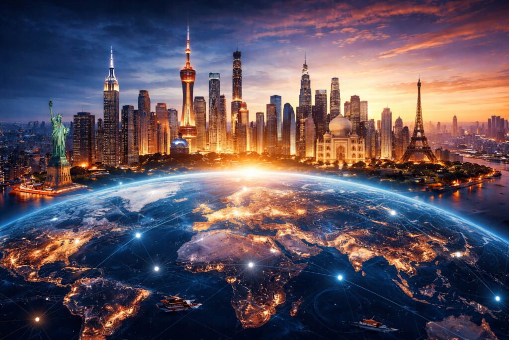 The New World Order: Who Will Lead the Global Economy in 2026? Global economy concept showing interconnected world map with major international city skylines and glowing network connections