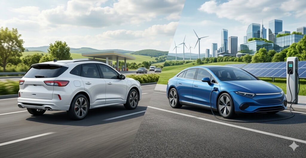 Comparison of hybrid and electric cars showing modern vehicles representing fuel-powered hybrid technology and fully electric vehicles in a clean environment.