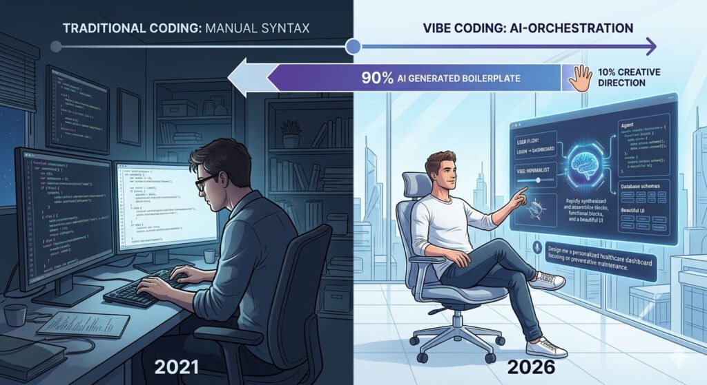 AI Is Eating Software: The End of Traditional Coding? A split comparison image showing a developer manually writing code in 2021 versus a developer using AI orchestration and Vibe Coding in 2026.