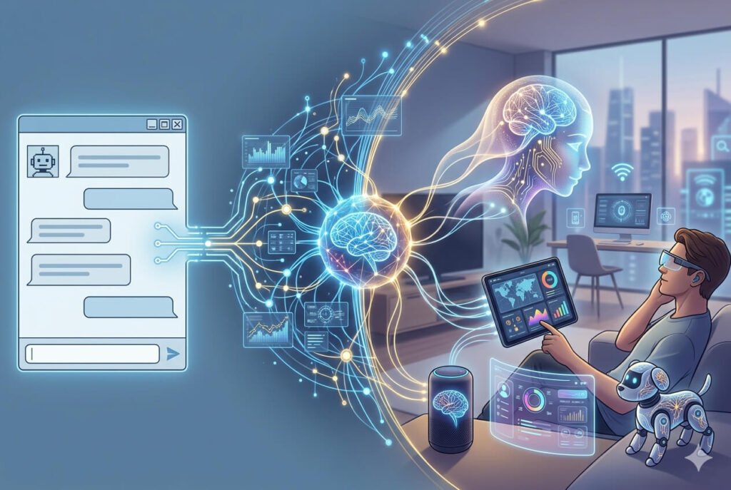 Illustration of an advanced AI assistant interacting with a human, showcasing evolution from chatbot interface to intelligent digital companion