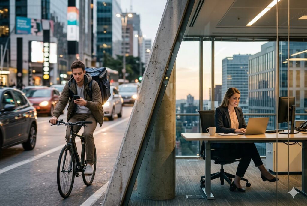 Gig Economy vs Corporate Jobs: Which Is More Stable? A split-screen conceptual image showing a gig worker on a bicycle with a delivery backpack on a busy city street next to a professional woman working at a desk in a modern corporate office.