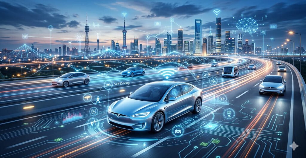 AI-powered smart car with autonomous driving technology navigating a modern city road