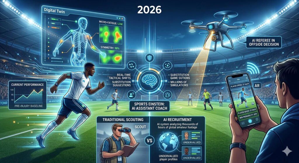 The Rise of AI in Sports: How Technology Is Changing the Game A high-tech stadium control room showing AI agents analyzing player biomechanics and crowd patterns in real-time on giant holographic displays.