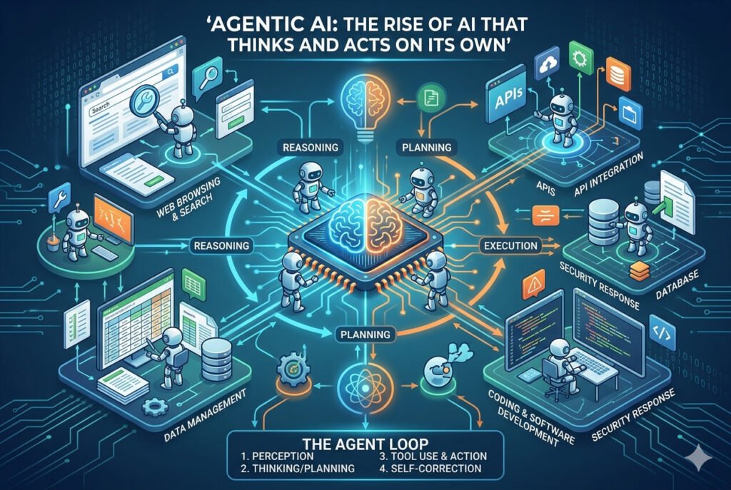 Agentic AI workflow including reasoning, planning, and tool use with small robots performing digital tasks."
