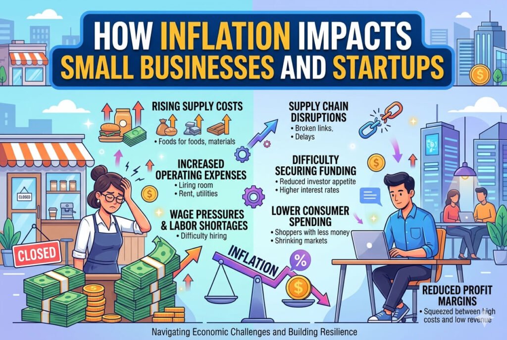An infographic showing how inflation impacts small businesses and startups through rising supply costs, wage pressures, and reduced profit margins.