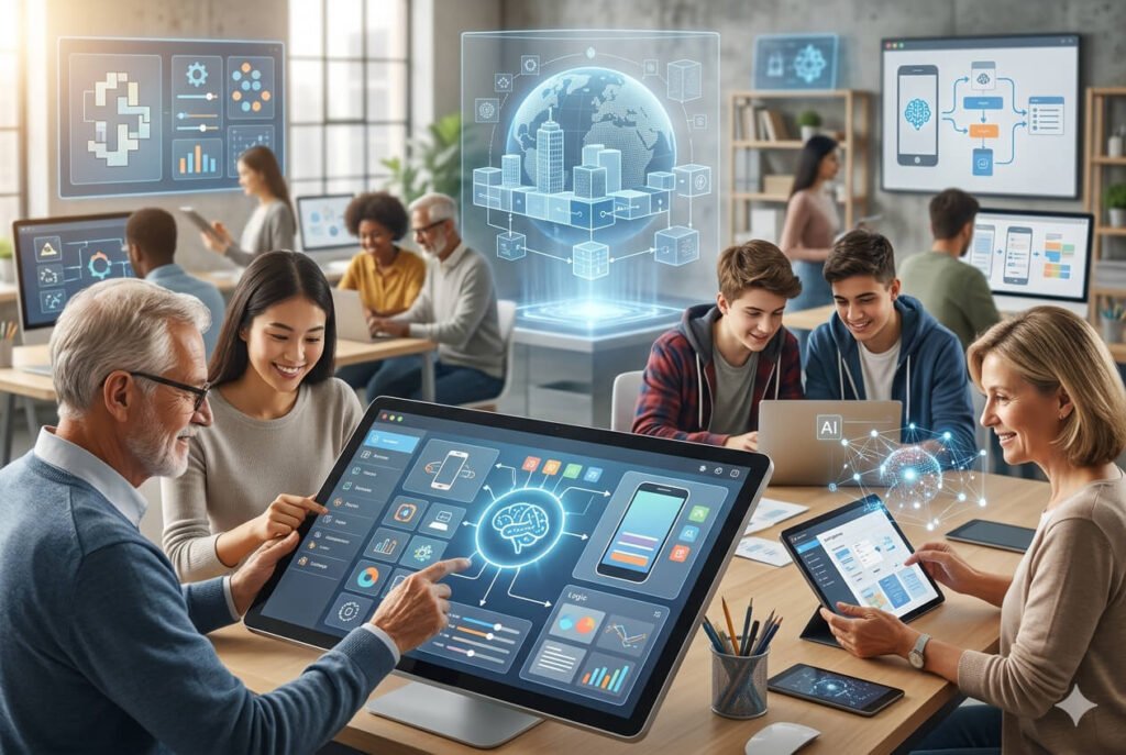 Visual of a user building a mobile app using a drag-and-drop no-code platform with AI assistance on a modern interface