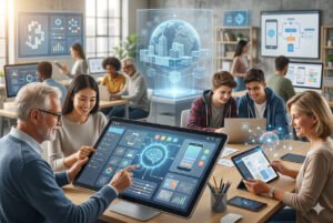 Visual of a user building a mobile app using a drag-and-drop no-code platform with AI assistance on a modern interface