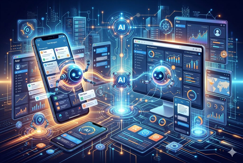 AI-powered software interface showing autonomous digital agent managing tasks and workflows across multiple apps