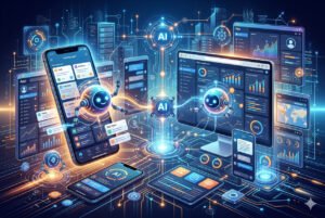 AI-powered software interface showing autonomous digital agent managing tasks and workflows across multiple apps