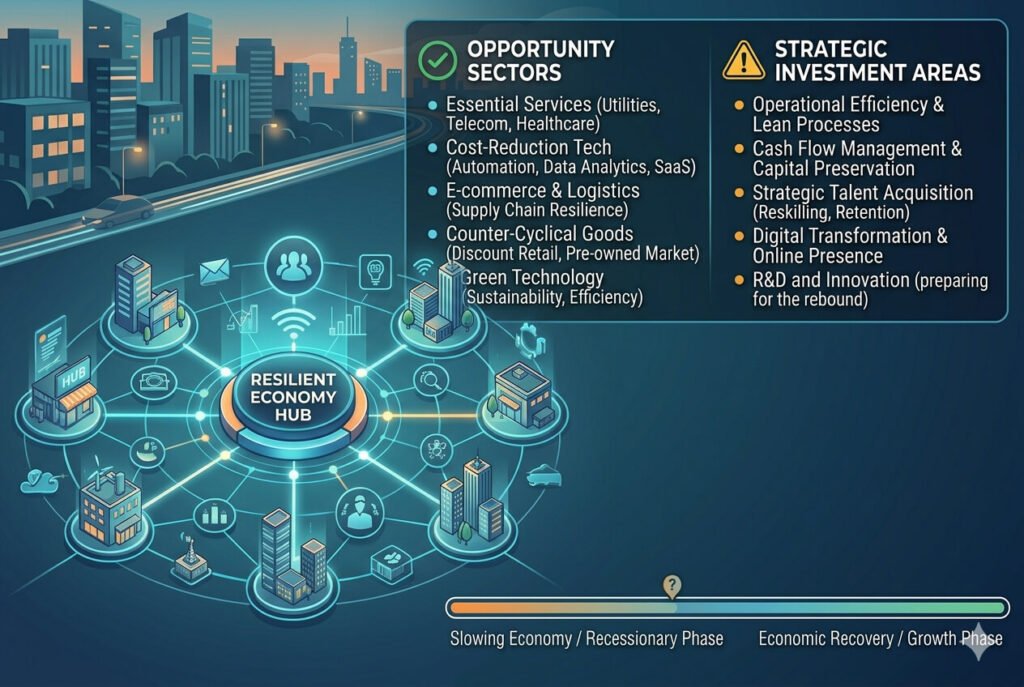 Infographic showing business opportunities in a slowing economy, highlighting sectors like essential services, cost-reduction tech, and strategic investment areas.