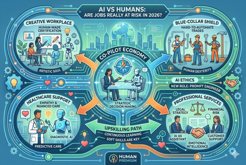 AI vs Humans: Are Jobs Really at Risk in 2026? Infographic of the 2026 Co-Pilot Economy showing AI and humans collaborating in healthcare, creative arts, and professional services.