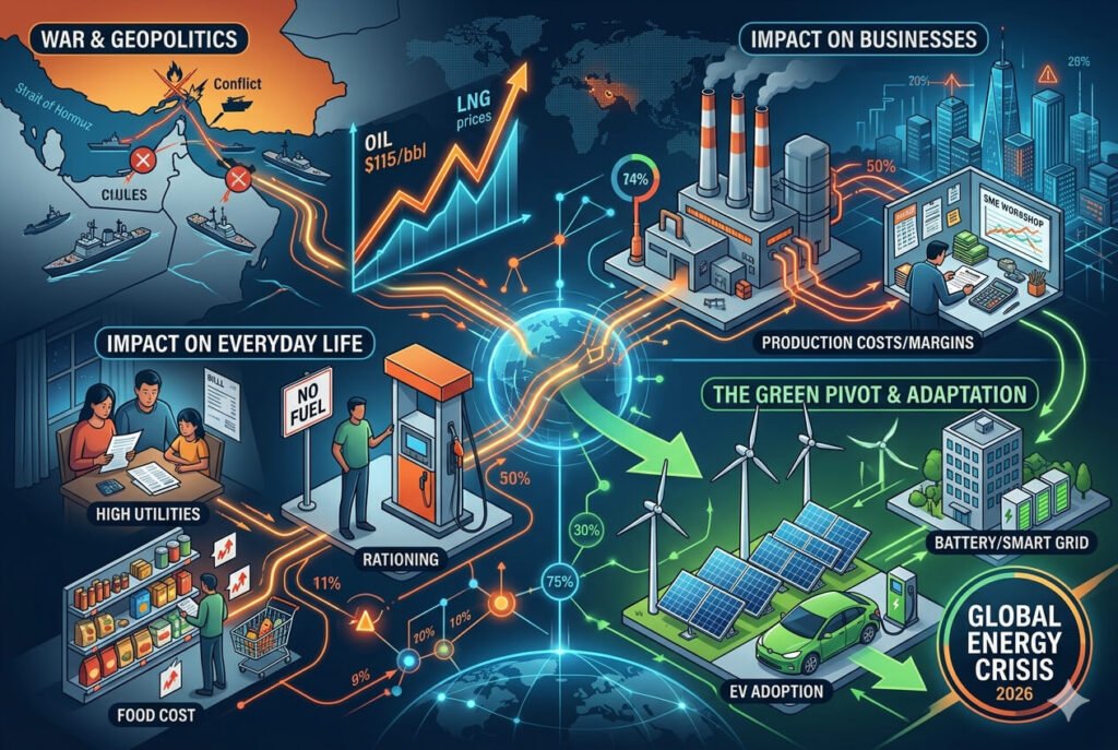 Global Energy Crisis 2026: How War is Impacting Everyday Life & Businesses? Infographic showing the 2026 energy crisis impact on oil prices, businesses, and renewable energy adoption.