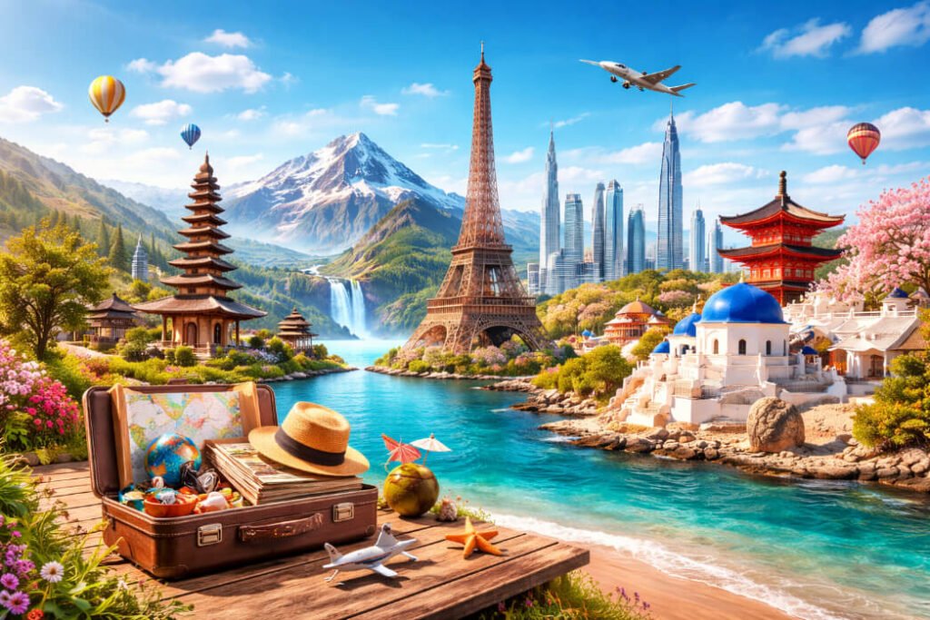 Colorful travel scene featuring famous global landmarks, a suitcase with travel essentials, airplane in the sky, and scenic landscapes representing top travel destinations for 2026