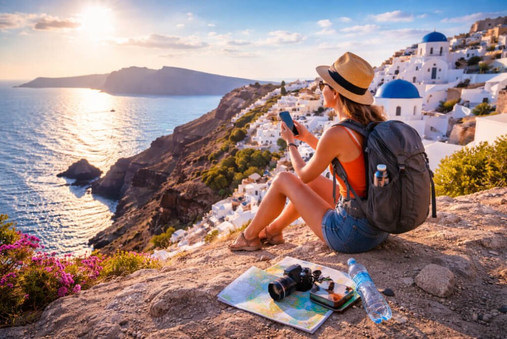Top Solo Travel Guide 2026: Safety Tips, Destinations & Must-Know Advice Solo female traveler sitting on a scenic cliff overlooking a coastal town at sunset with backpack, map, and travel essentials, capturing a peaceful travel moment