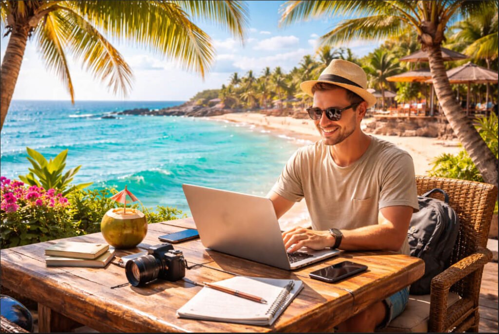 Digital nomad working on a laptop at a tropical beach café with ocean view, palm trees, and travel essentials showcasing remote work lifestyle