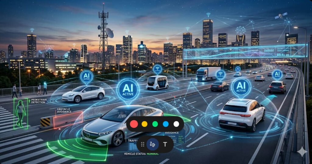 Self-driving autonomous car using AI sensors and cameras driving safely on a modern city road