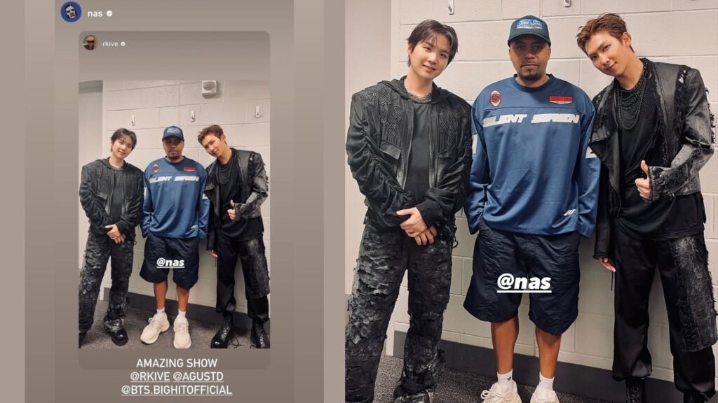 “They got a picture with their idol”- Fans react as BTS’ RM gives Nas a stage shoutout & meets the rap legend with Suga backstage at MetLife Stadium