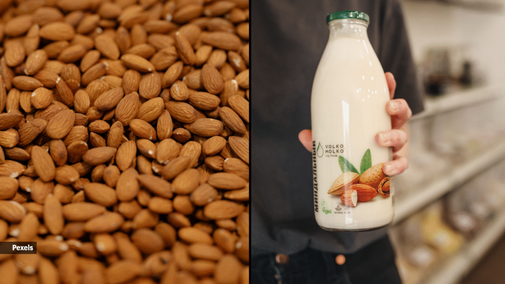 1 glass has 1g protein, while 28g almonds have 6g